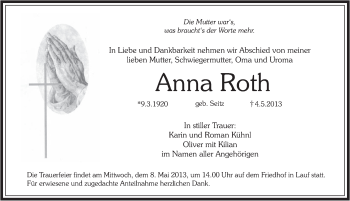 Traueranzeige von Anna Roth von Pegnitz-Zeitung